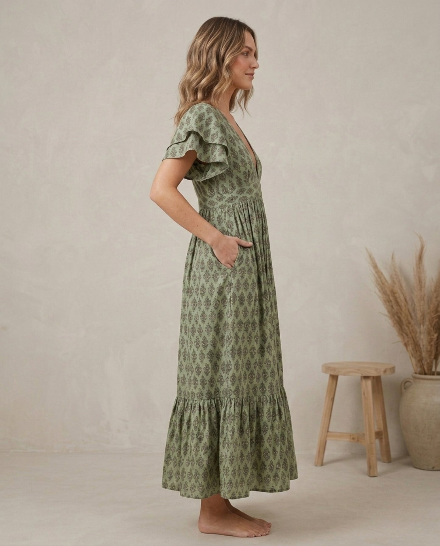 Sage Green Linen Midi Dress – Block Print Empire Waist | 60 Lea