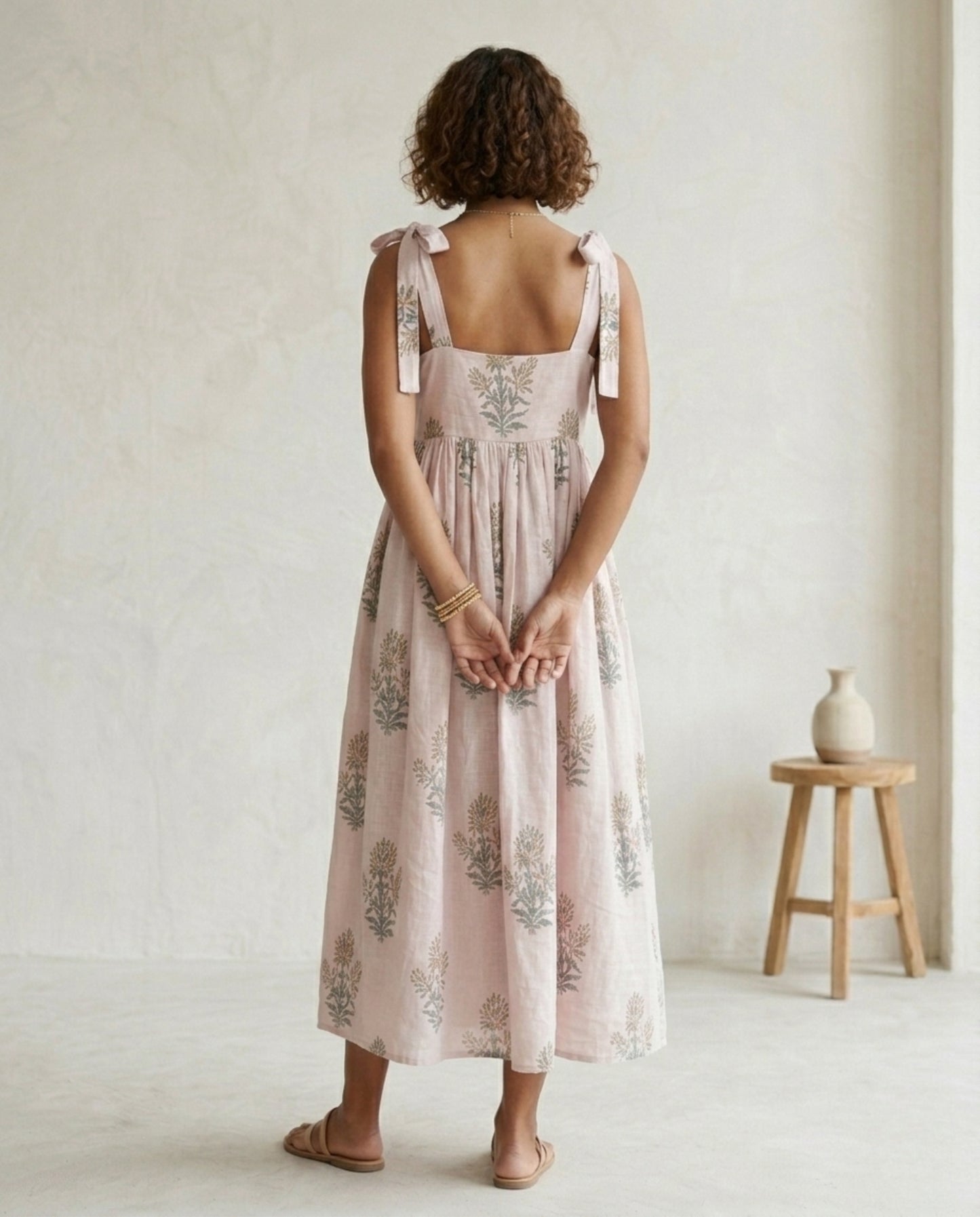 Blush Pink Linen Midi Dress – Hand Block Print A-Line Gathered Tie Strap