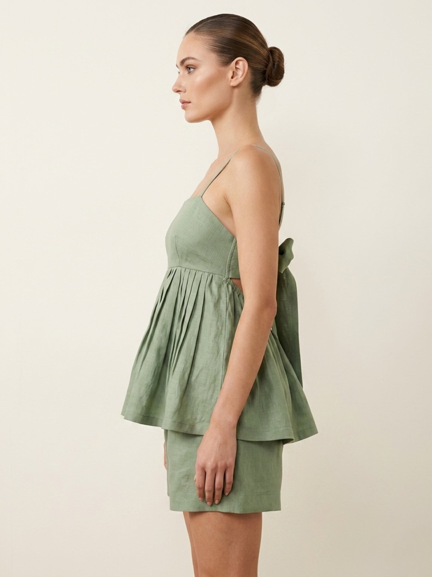 Handmade Solid Linen Sage Green Relaxed Strap Top Short Co-ord Set