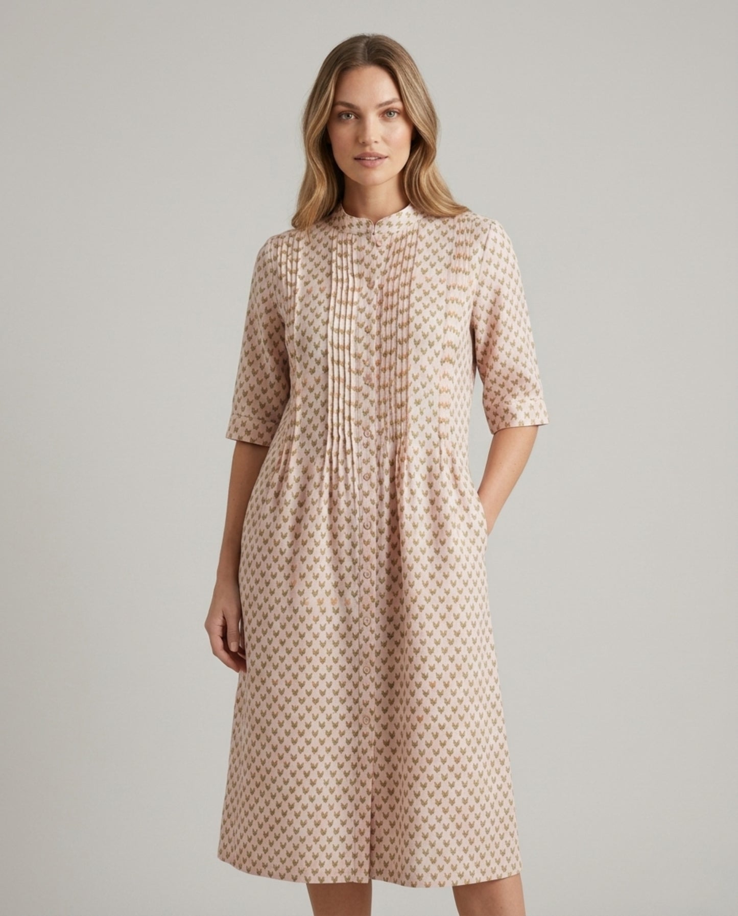 Block Print Blush Pink Linen Pintuck Tunic Shirt Dress with Mandarin Collar