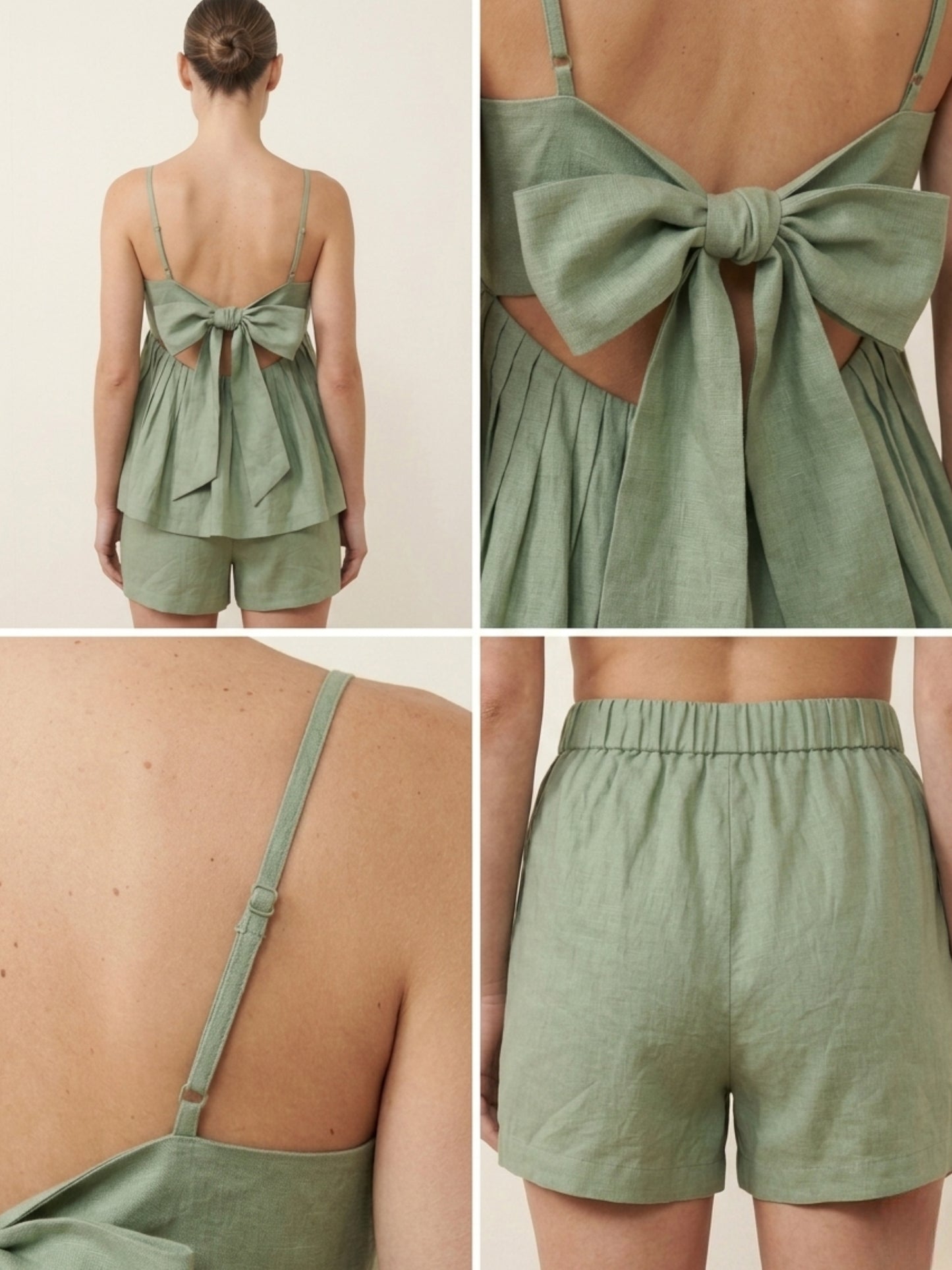 Handmade Solid Linen Sage Green Relaxed Strap Top Short Co-ord Set